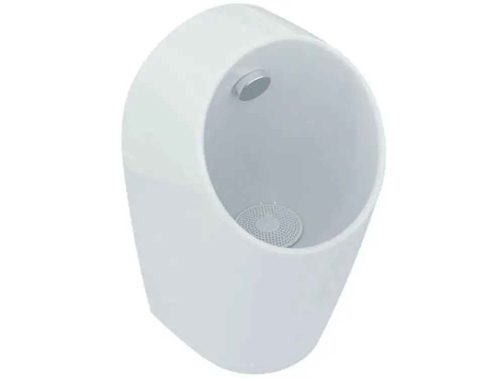 Weißes Urinal von Ideal Standard, freistehend, mit runder Form und ohne Spülrand, Zulauf von hinten, für öffentliche Sanitäranlagen geeignet.
